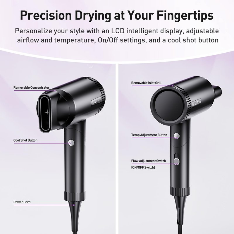 Hair Dryer, High-Speed Ionic Blow Dryer, Powerful 1600 Watt Motor for Fast Drying and Straight & Wavy Hair, Foldable, Lightweight Hairdryer with Magnetic Suction Nozzle for Home Salon Travel