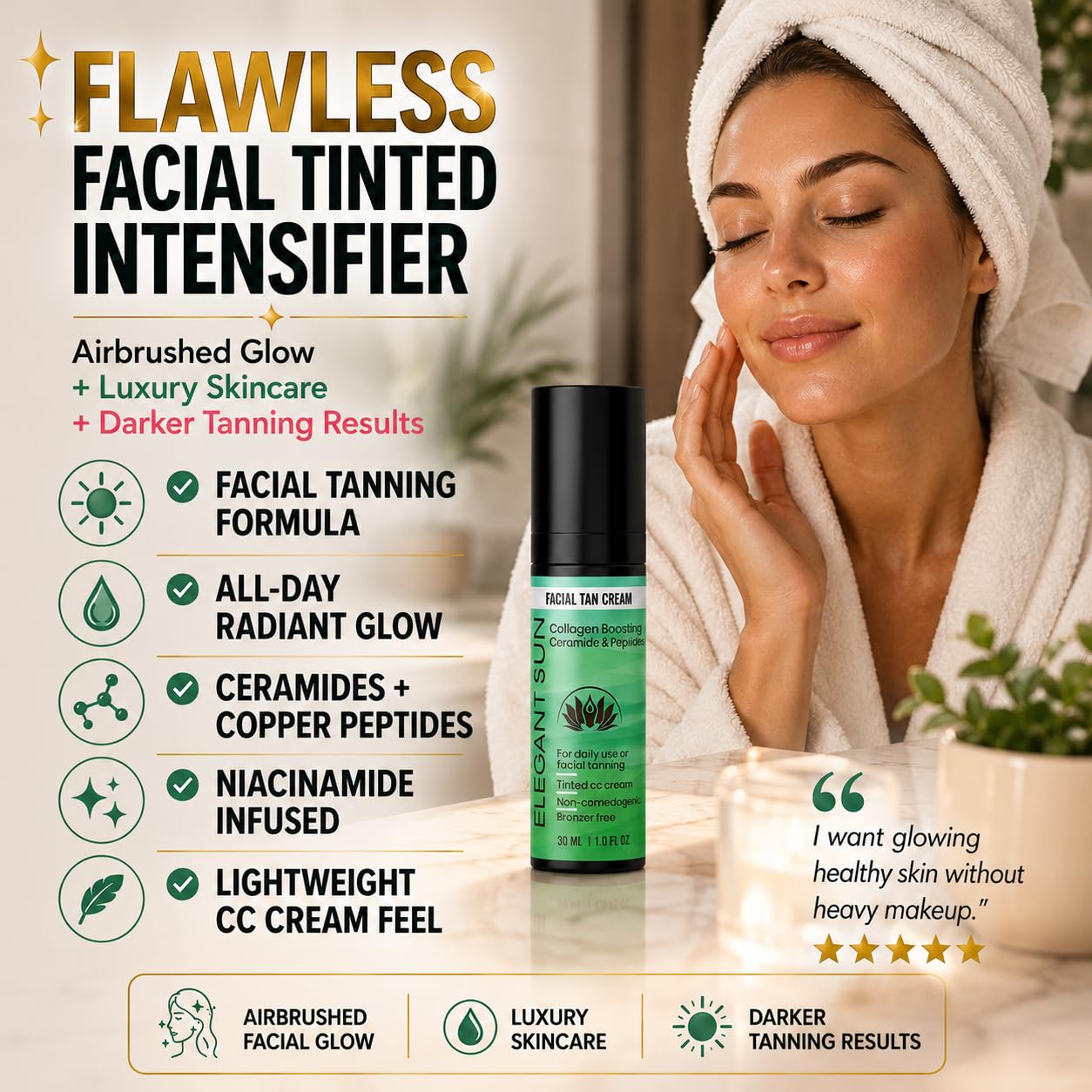 Flawless Glow Collagen-Boosting Facial Tan Cream – Peptide CC Serum with Copper Peptides GHK-Cu, Ceramides & Hyaluronic Acid – Bronzer-Free, No DHA, Hydrating Anti-Aging Daily Moisturizer (1 fl oz)