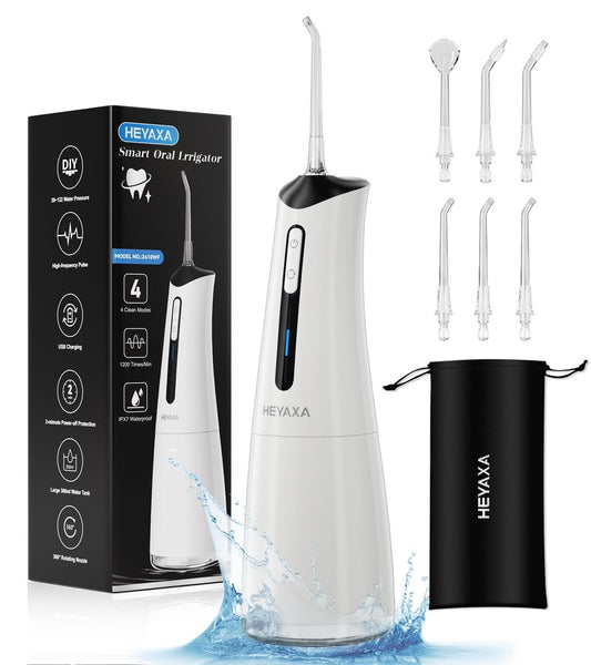 Water Dental Flosser Pick for Teeth, Portable Cordless Oral Irrigator with 4 Pressure Modes, 300ML Water Tank, IPX7 Waterproof, 6 Jet Tips, Storage Bag for Gums, Braces(White)