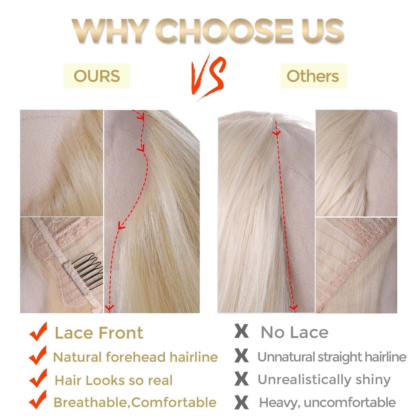 WOCO Women's Lace Front Wig Blonde T Part Long Straight 613 Color Kanekalon Futura Heat-Resistant Fiber Adjustable Synthetic Natural Looking Party Halloween Daily Hair Replacement Wig for Women