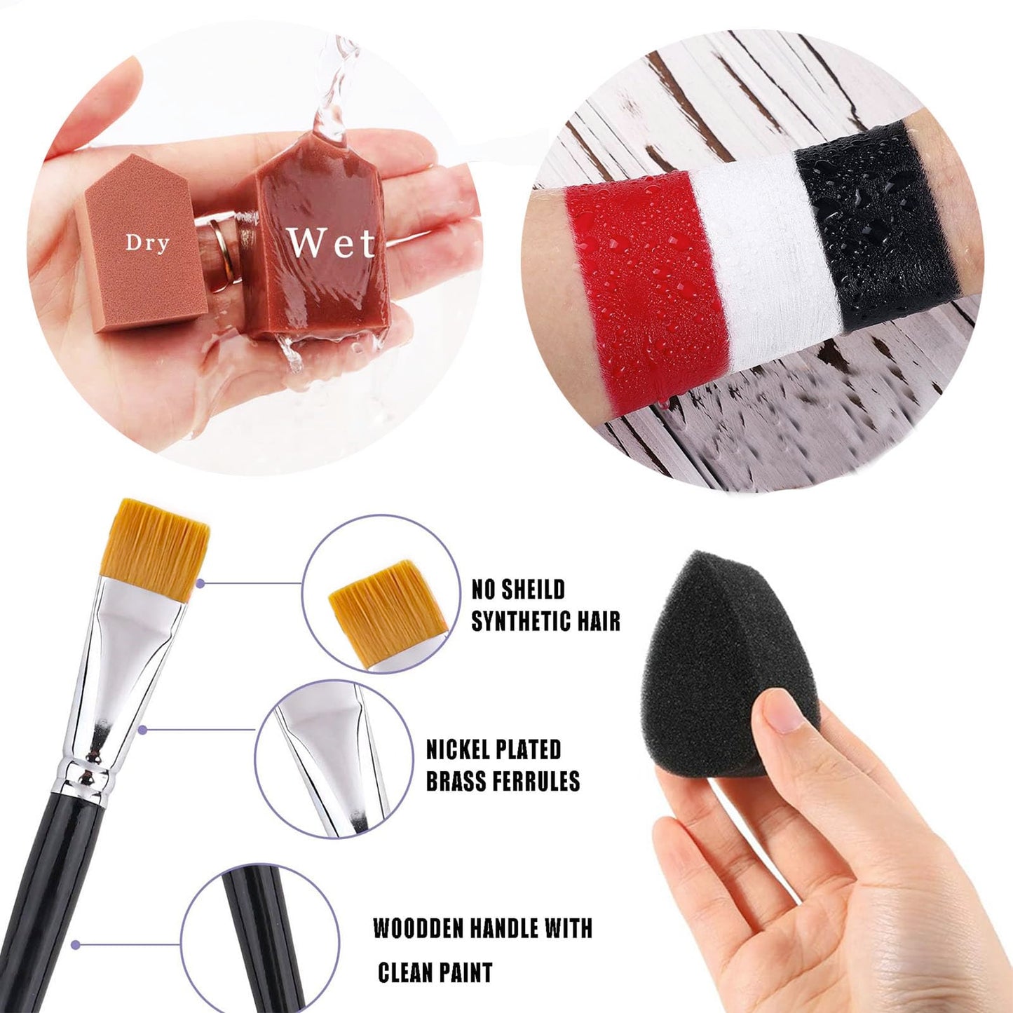 Black + White + Red Face Body Paint, Water-Based Face Painting Kit Professional, Large Capacity SFX Makeup Set with brush & Powder puff, Sponge for Halloween Makeup Clown, Cosplay, Stage