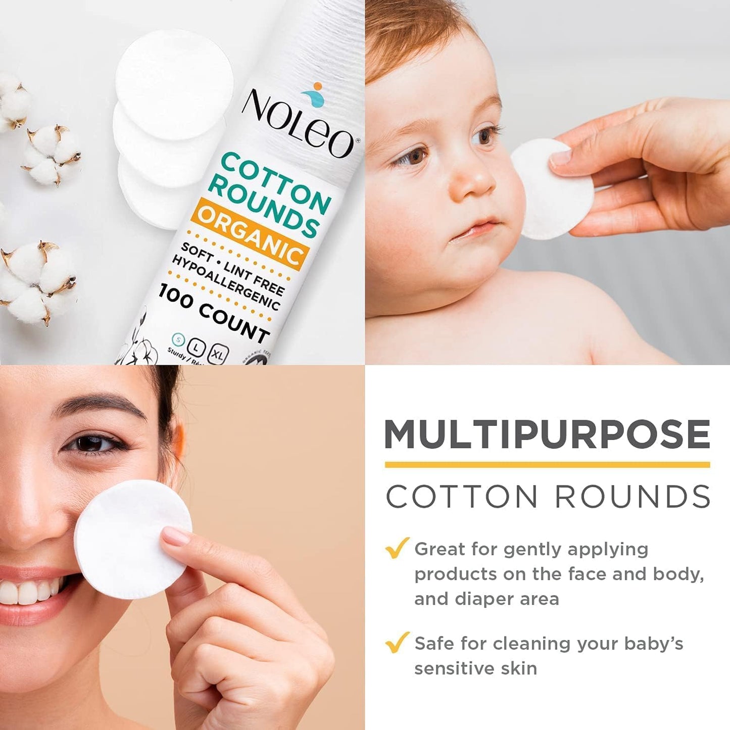 Noleo Cotton Rounds - Soft, Absorbent Makeup Remover Pads | 300 Count (3 Packs)