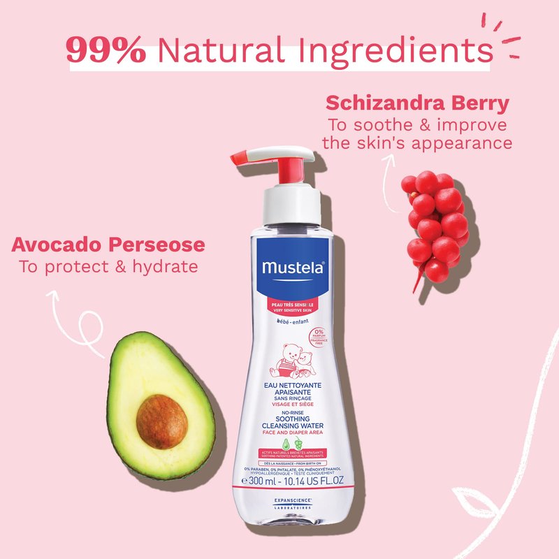 Mustela Baby Soothing Cleansing Water - No-Rinse Micellar Water for Very Sensitive Skin - with Natural Avocado & Schizandra Berry - Fragrance Free - 10.14 fl. Oz