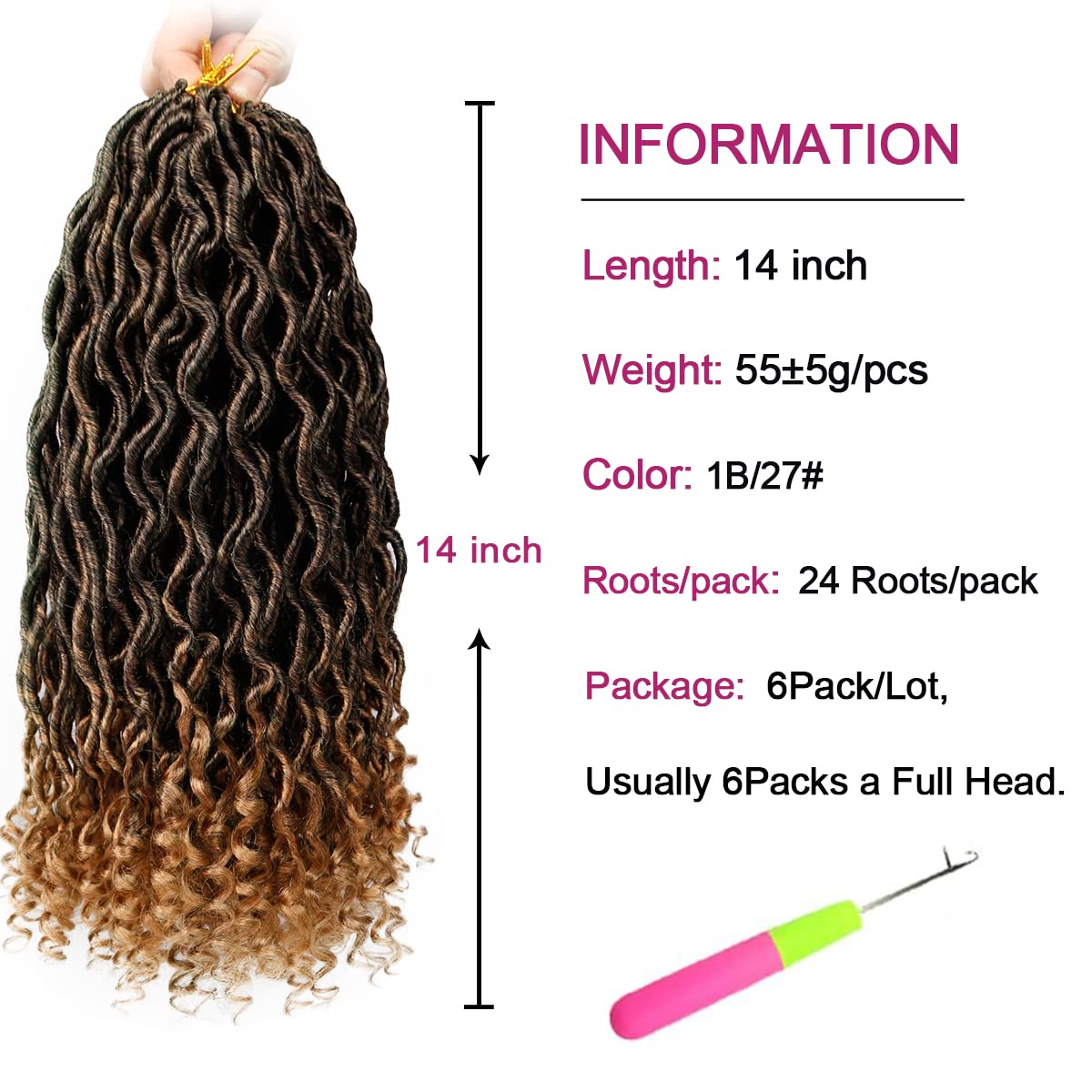 Goddess Locs Crochet Hair - 6 Packs 14 Inch Curly Faux Locs Crochet Hair For Black Women, Pre Looped Crochet Hair Wavy Faux Locs Synthetic Braids Hair Extensions(14Inch, T1B-27#)