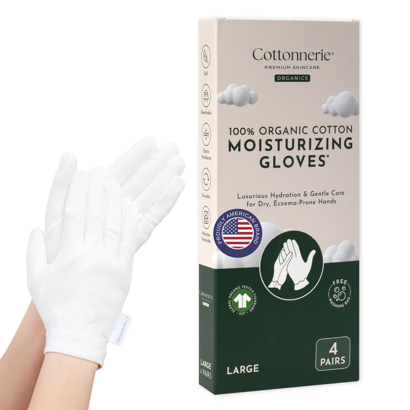 4 Pairs Cottonnerie Organic Cotton Gloves for Dry Hands Sleeping, Moisturizing Gloves Overnight, Hand Moisturizer Gloves, Moisture Gloves for Dry Hands Overnight, Sleeping Gloves, Large