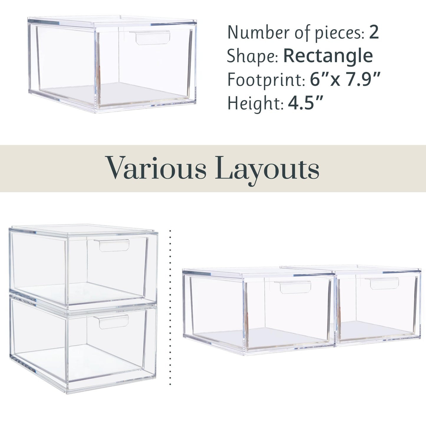 STORi Audrey Stackable Clear Bin Plastic Organizer Drawers | 2 Piece Set | Organize Cosmetics and Beauty Supplies on a Vanity | Made in USA