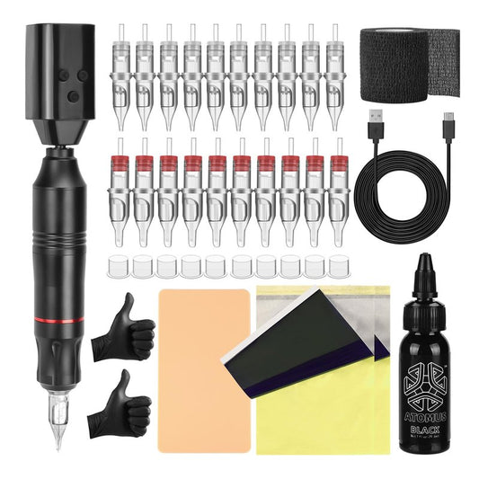 ATOMUS Cordless Tattoo Machine Kit Rotary Tattoo Machine Kit with Cordless Tattoo Power Supply 20pcs Cartridge Needles Practice Skin Ink Cups 30ml Tattoo Ink