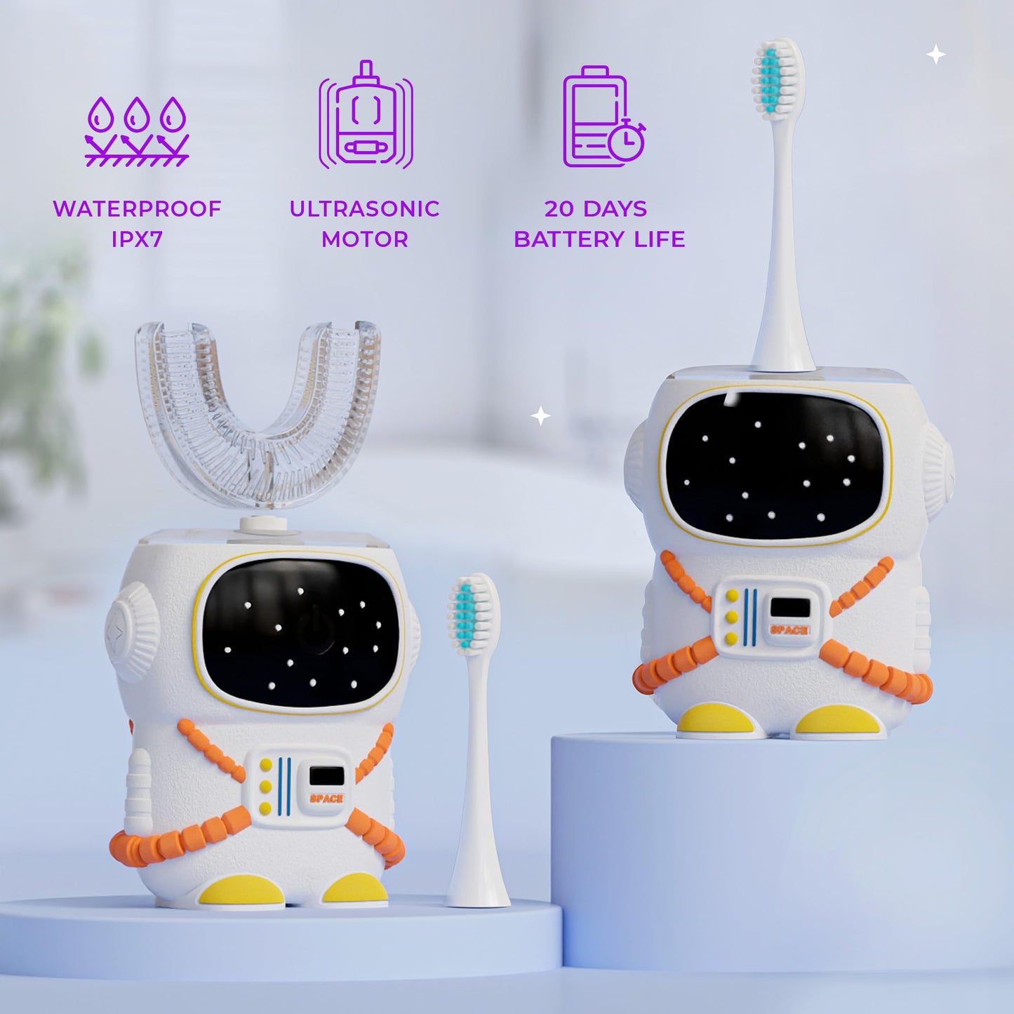 Sensory 360 Round U-Shaped Astronaut Design Mouthguard Electric Toothbrush for Kids Ages 2-7 - Automatic Memory Function - 5 Modes Toothbrush with Multiple Heads – Kids Travel Essentials (White)