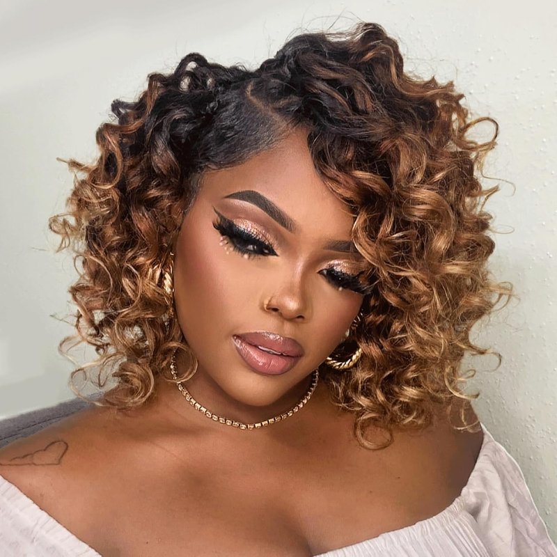 Ocean Wave Crochet Hair Extensions - 9 Inch Ombre Brown Short Curly Deep Wave | 8 Packs, Synthetic (OT30/27)