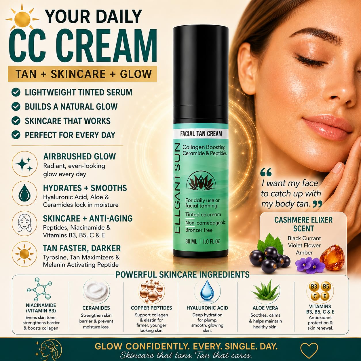 Flawless Glow Collagen-Boosting Facial Tan Cream – Peptide CC Serum with Copper Peptides GHK-Cu, Ceramides & Hyaluronic Acid – Bronzer-Free, No DHA, Hydrating Anti-Aging Daily Moisturizer (1 fl oz)