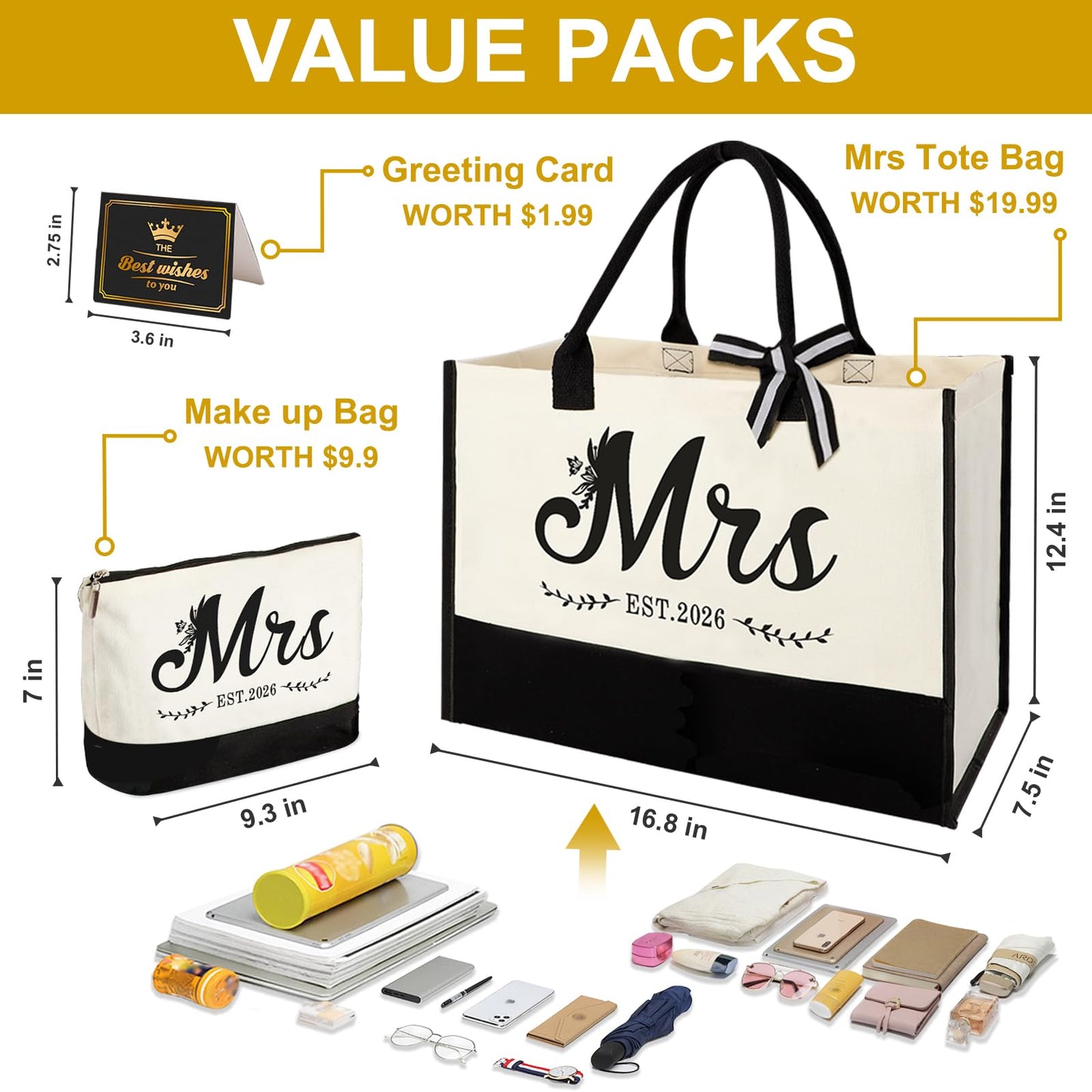 Mrs 2026 Bride Canvas Tote Bag with Makeup Bag, Wedding Bridal Shower Gifts