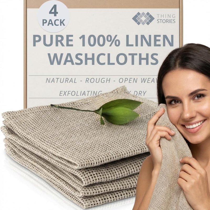 Linen Exfoliating Washcloths - 100% Flax Linen Face Towels | 12x12-Inch 4-Pack for Gentle Skin Care