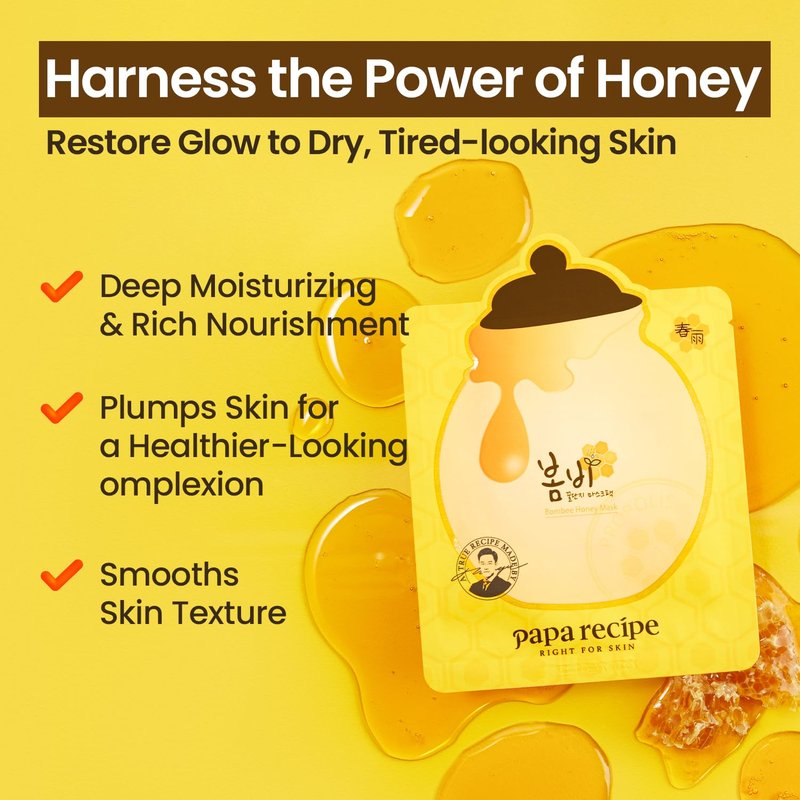 Papa Recipe Bombee Honey Mask Pack 25g * 10 sheets - Sheet Mask, Facial Skin Care, Deep Moisturizing Serum for Dry Skin - Korean Skin Care, K-Beauty, Ampoule Solidified, For radiant skin