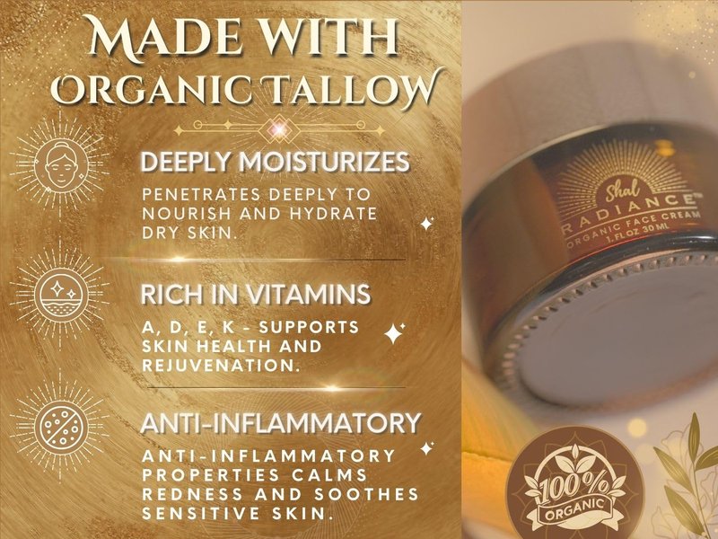 Shal Radiance Organic Face Cream For Dry Skin, Beef Tallow Skin Care, Tallow Moisturizer, Organic Ingredients, Natural Face Moisturizer, Tallow Butter, Balancing Formula, Made in USA (1 ounce)