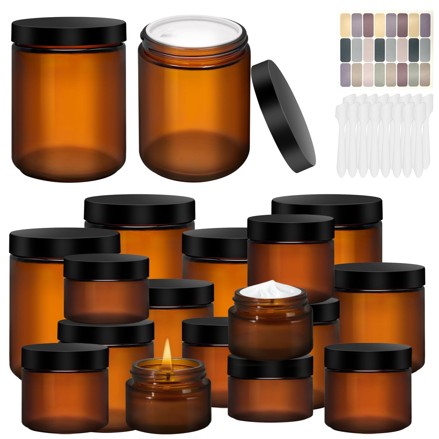 Amber Glass Jars with Lids, 8oz 4oz 2oz 1oz Glass Cosmetic Jars with Inner Liners, Labels & Spatulas, Reusable Lotion Containers for Creams, Body Butter, Scrubs, DIY Cosmetics – 16 Pack