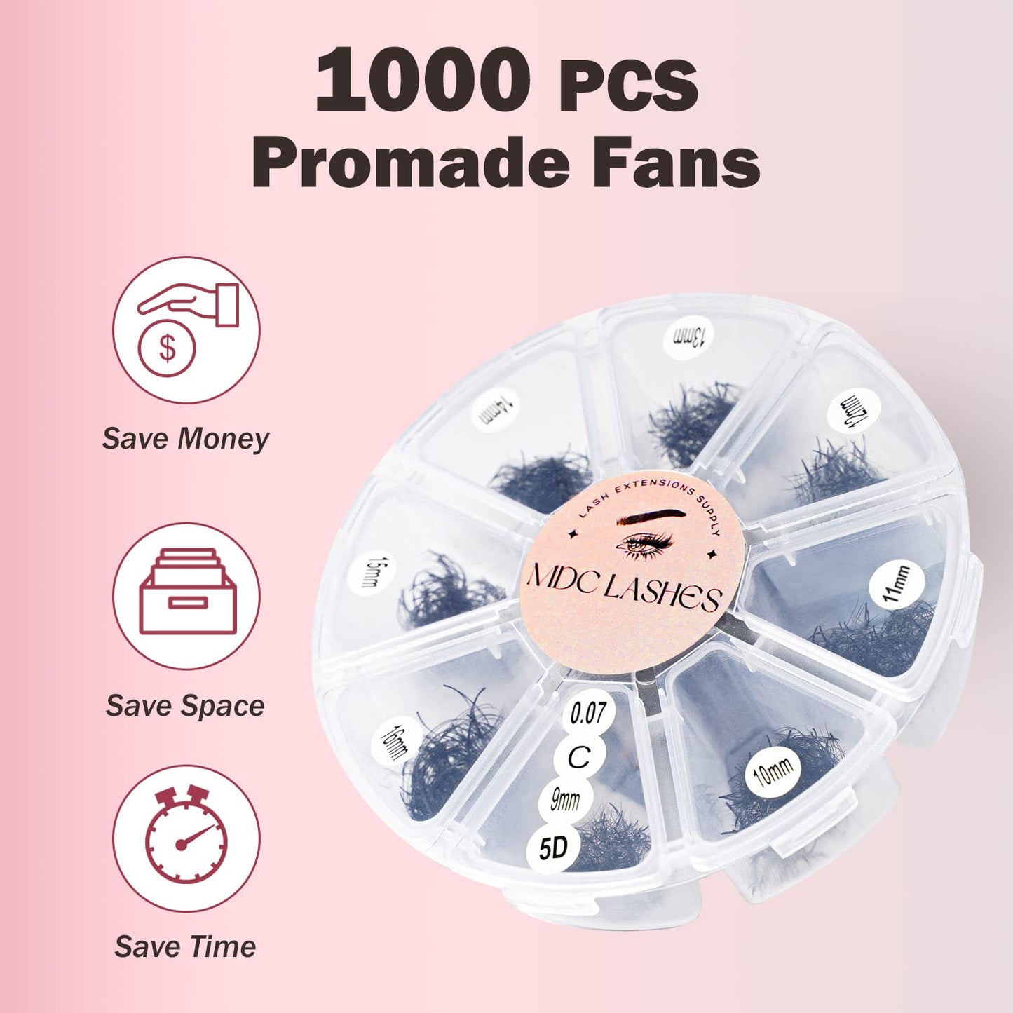 MDC Lashes Promade Eyelash Fans Mix Length 1000 Volume Lash Extensions 8D-16D, C D Curl, 9-16mm Length, 0.05-0.07 Short Stem Promade Premade Pre Pro Loose Fans Eyelash Extension, Easy Application