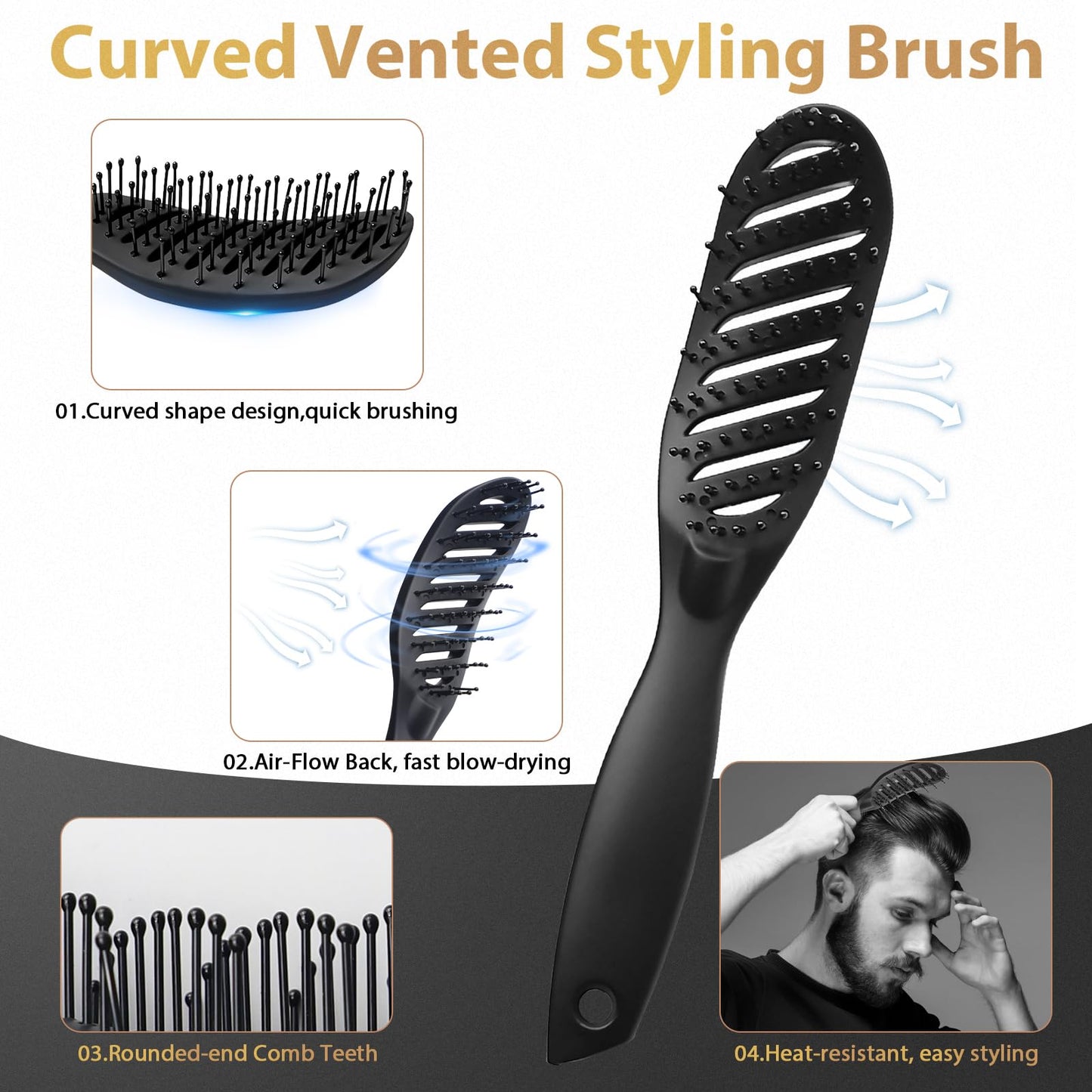 Hair Brush for Men, DUAIU 7Pcs Combs for Men, Hair Styling Comb Set with Vent Hair Brushes, Quiff Round Hair Brush, Wide Tooth Combs, Texture Comb for Blow Drying, Detangling, Grooming, Hairdressing