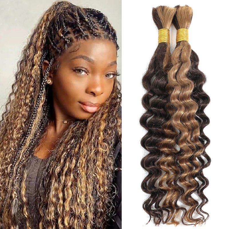 Human Braiding Hair For Boho Braids 100g 2 Bundles 18 Inch Deep Wave Bulk Human Braiding Hair 100 Percent Unprocessed Virgin Hair Highlight 4/27 Wet and Wavy No Weft Boho Knotless Braid