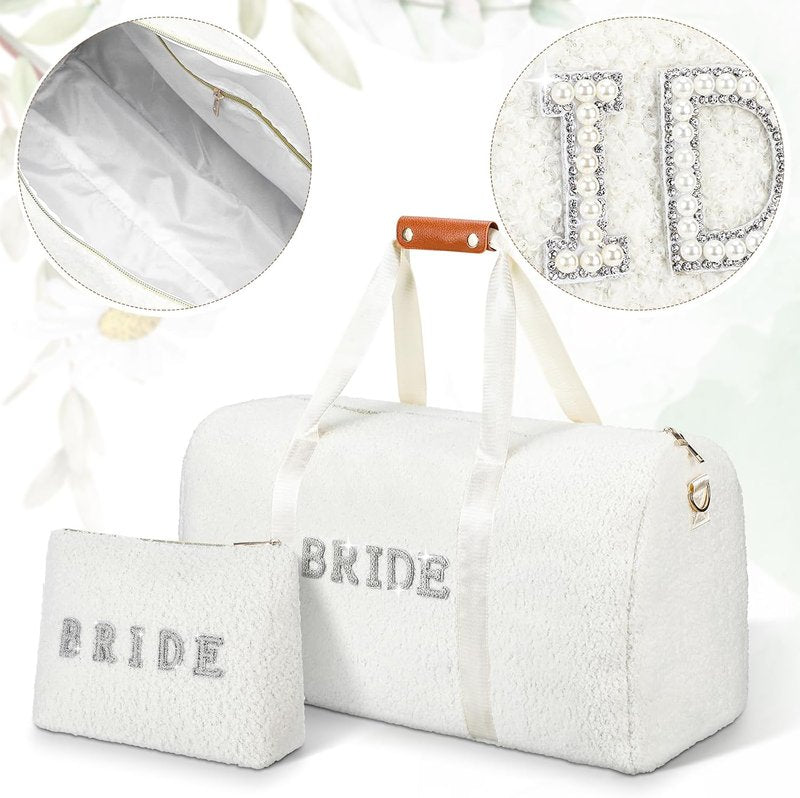 Bride Travel Bag Set - Plush Weekender Bag with Shoes Compartment & Makeup Pocket | Perfect Bridal Shower Gift