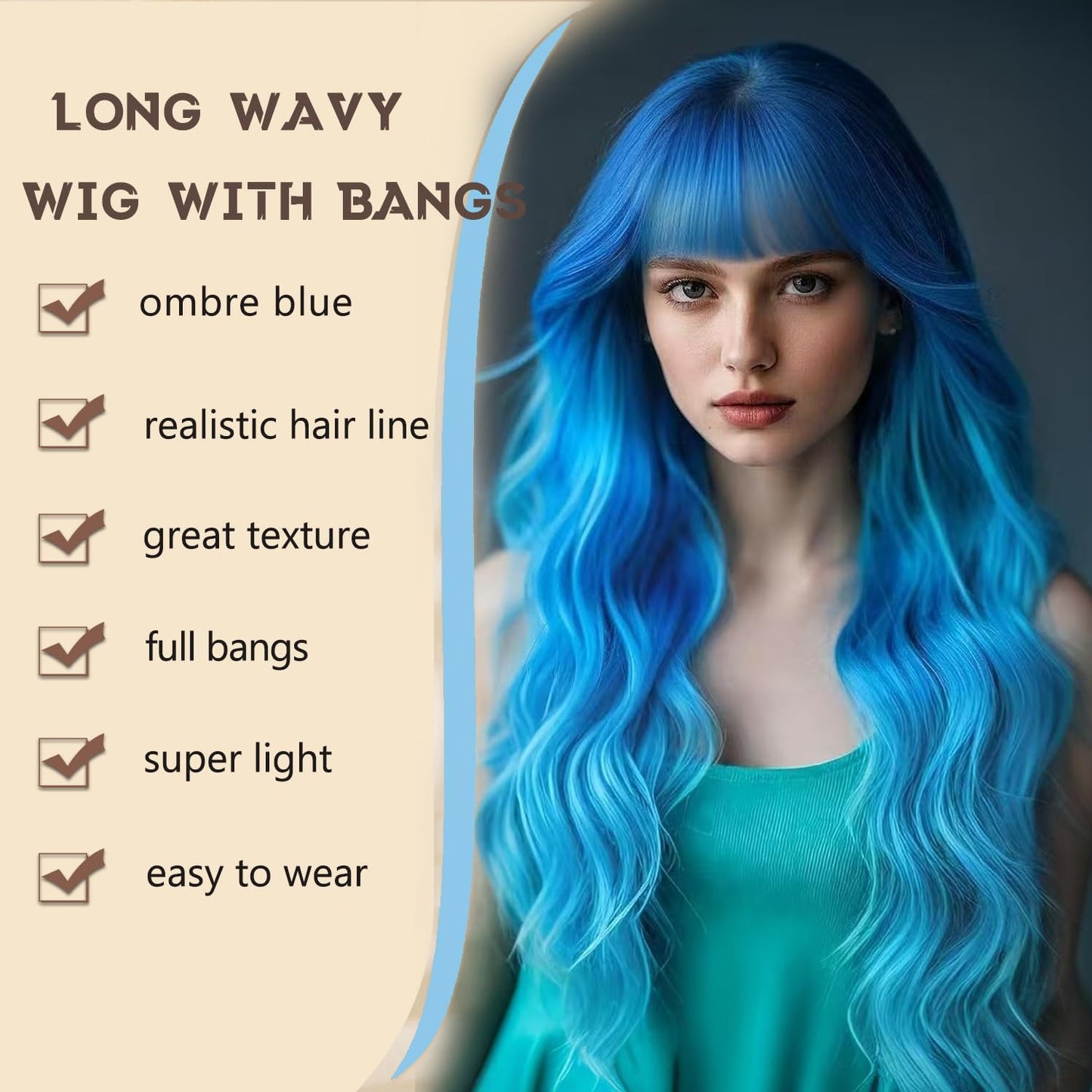 FEIVOSILAN Ombre Blue Wig with Bangs for Women, Long Wavy Blue Wig 26 Inch Wigs Heat Resistant Synthetic Colorful Wig