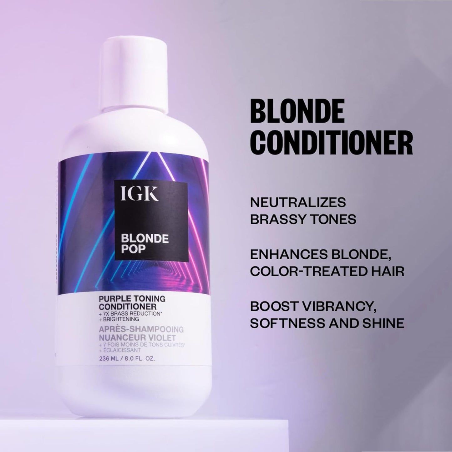 IGK BLONDE POP Purple Toning Conditioner | Hydrates, Brightens + Neutralizes Brass for Blonde & Highlighted Hair | Vegan + Cruelty Free | 8oz