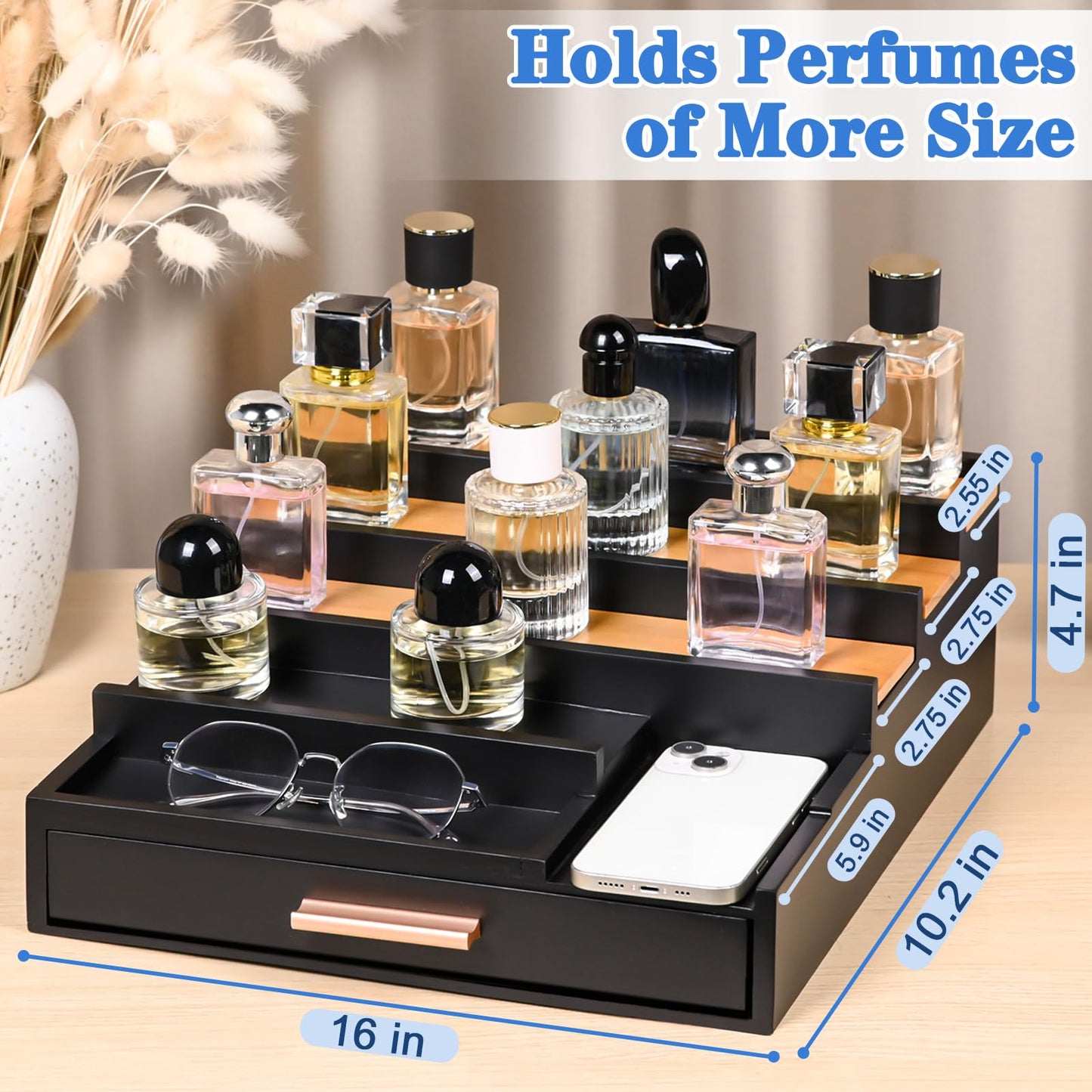 Zioffiel Cologne Organizer for Men, 5 Tier Wooden Perfume Organizer Display with Drawer and Hidden Compartment, Cologne Stand, Perfume Stand, Display Risers, Gift for Men (Brown)