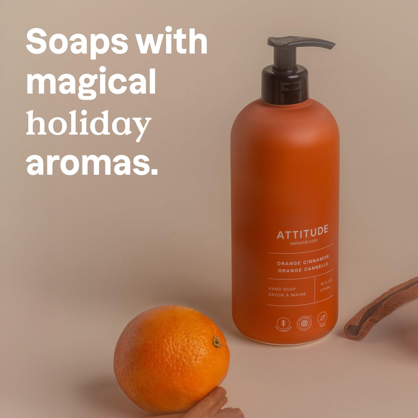 ATTITUDE Limited Edition Liquid Hand Soap, EWG Verified, Plant and Mineral-Based, Vegan Personal Care Products, Orange Cinnamon, 16 Fl Oz (Pack of 6)