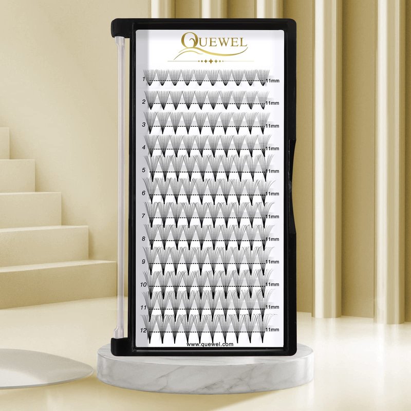 QUEWEL Premade Fans Middle Part 3D ～ 10D 12D 14D | 0.05/0.07/0.10 | Curl C/D | 10-18mm Length | Long Lasting Easy Application Long Stem Russian Volume Eyelash Extensions (14D-0.05C-11)