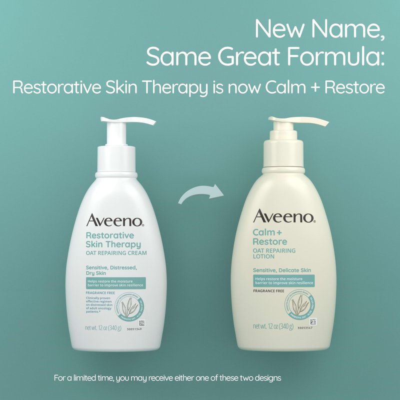 Aveeno Calm + Restore Oat Repairing Body Lotion for Sensitive Skin, Daily Moisturizer with Prebiotic Oat, Aloe & Pro-Vitamin B5, Fragrance Free Body Lotion Helps Heal Dry Skin, 12 oz