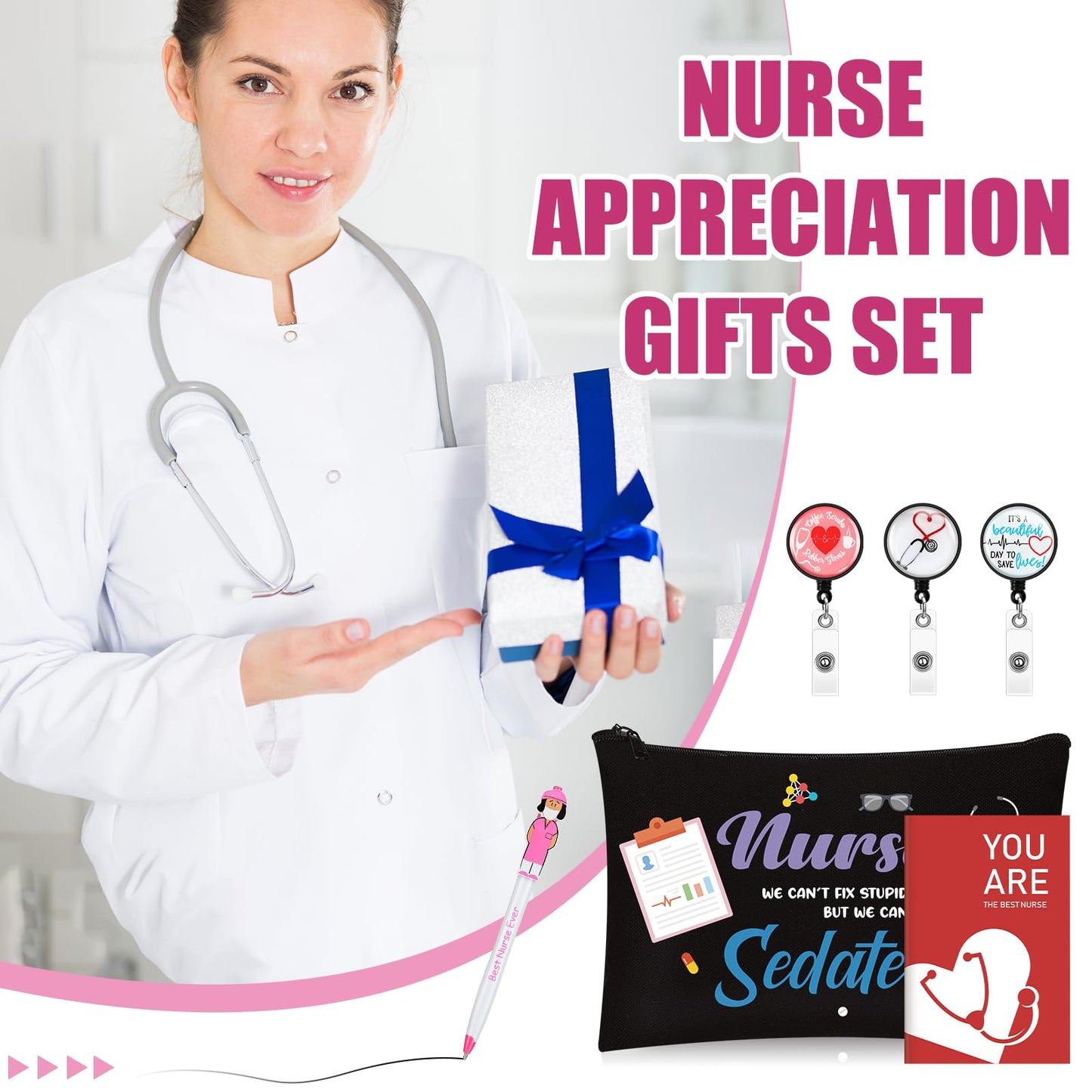 Yeaqee 48 Pcs Nurse Gifts Bulk, Include Makeup Bags Pocket Notebooks Ballpoint Pens Badge Reels, Nursing Gifts for Women RN CNA Medical Assistant Hospital Staff(Black,Nursing)