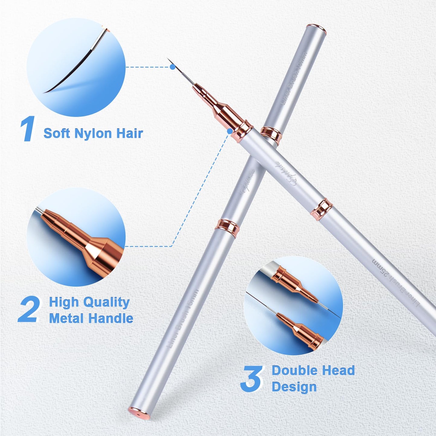 Nail Art Brushes, Eptbsdu 5PCS Double Ended Nail Art Liner Brushes with Cap Striping Liner Brush Nail Design Brushes for Long Lines, Tiny Details, Fine Drawing Nail Brushes for Nail Art, Silver