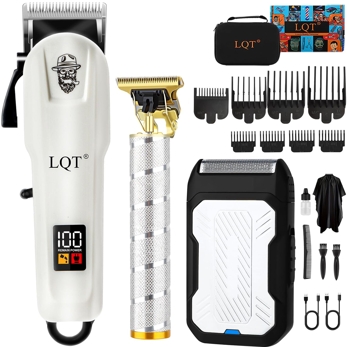 LQT Hair Clipper Kit for Men, Professional Cordless Rechargeable Hair Clippers & Beard Trimmer Set with Foil Shaver Complete Cutting Kit for Home Use