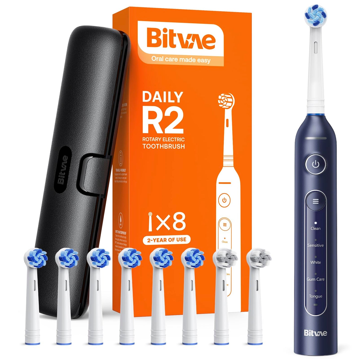 Bitvae R1 Rotating Electric Toothbrush with 8 Brush Heads for Adults and Kids, 60-Day Battery Life, 5 Modes Rechargeable Power Toothbrush with 2-Minute Smart Timer, Dark Blue