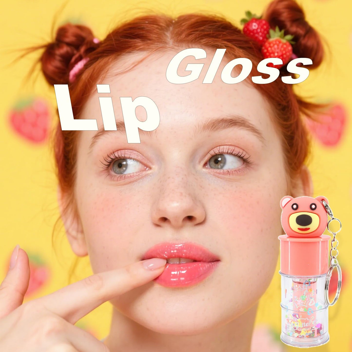 DENESTUP 6 Pcs Hydrating Lip Gloss Set, Shimmer Glossy Moisturizing Lip Jelly Sequins and Sparkles Lip Make-Up for Women Party Gift Cute Bear Keychain Design