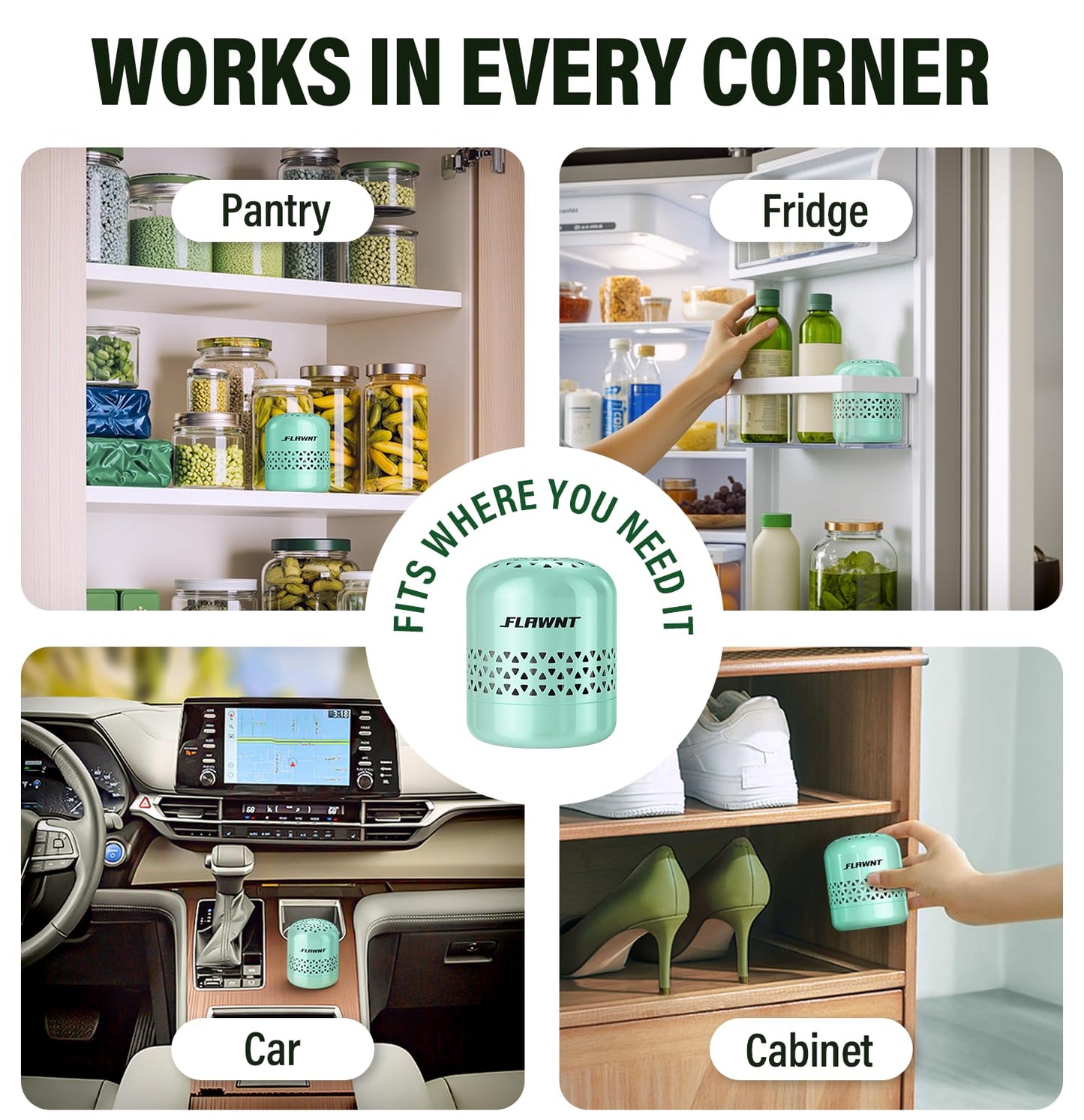 FLAWNT Refrigerator Deodorizer - Long Lasting Fridge Odor Eliminator and Smell Absorber, No Need Baking Soda Replacement, Works as Freezer Freshener & Organizer Accessory Green