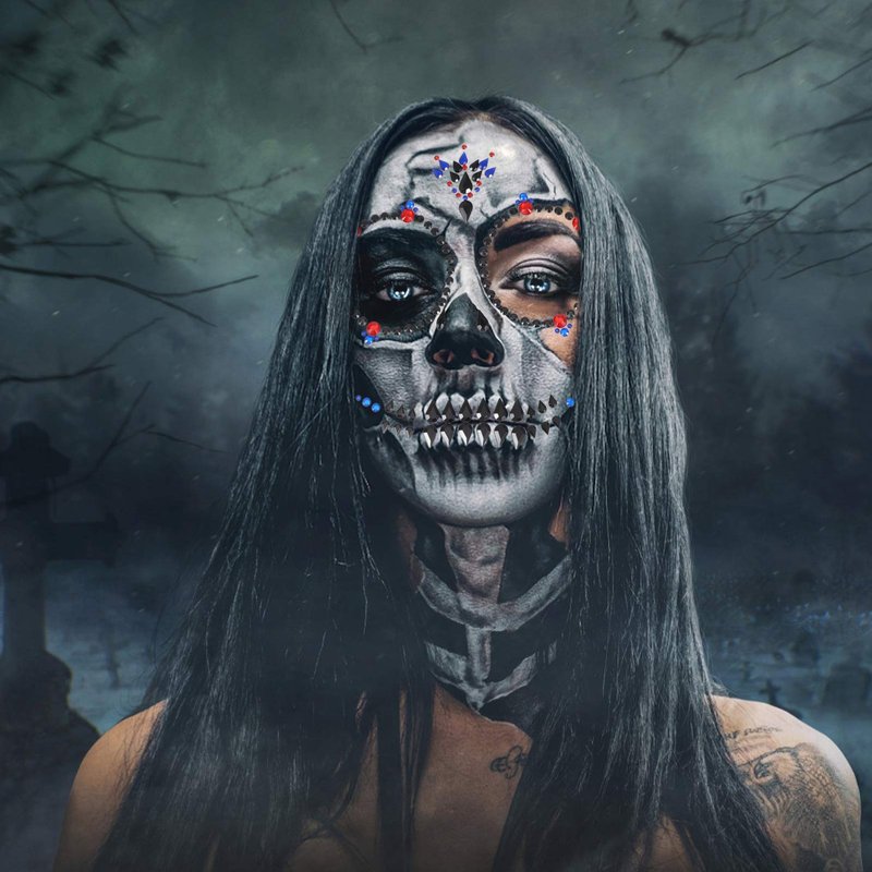 Lurrose Day of the Dead Skull Face Gems Jewels Tattoos, 4Pcs Rhinestone Halloween Jewels Tattoo Stickers for Halloween Festival Rave Party