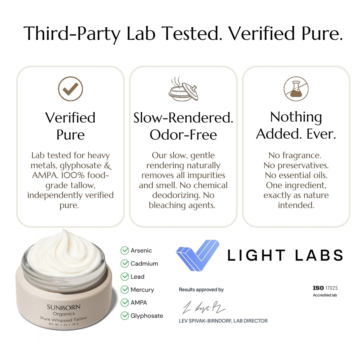 Sunborn Organics Pure Whipped Tallow Balm (Unscented) | 1 Ingredient | Handmade in USA | 100% Organic Grass-Fed Beef Tallow for Skin | Face Moisturizer for Dry Skin, Fragrance-Free, No Essential Oils