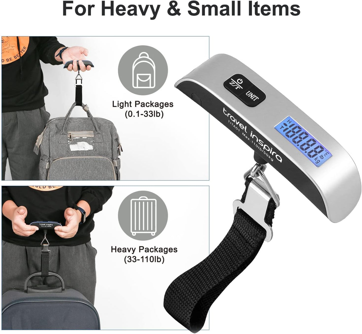 Travel Inspira Luggage Scale - Portable Digital Hanging Baggage Scale for Suitcases | 110 lbs Capacity, Battery Included