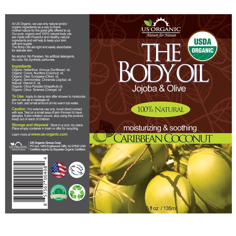 US Organic Body Oil, Smooth Caribbean Coconut - Jojoba and Olive Oil with Vitamin E, USDA Certified, No Alcohol, Paraben, Artificial Detergents, Color or Synthetic perfume, 5 Fl.oz (Caribbean Coconut)