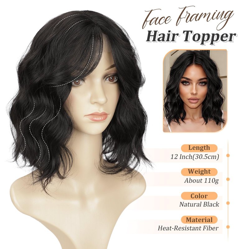 Lommel Hair Toppers for Women 12 Inch Short Wavy Hair Topper with Thinning Hairs Natural-Looking Wiglett Lightweight & Add Volume Hairpiece for White Roots Cover for Daily(Natural Black)