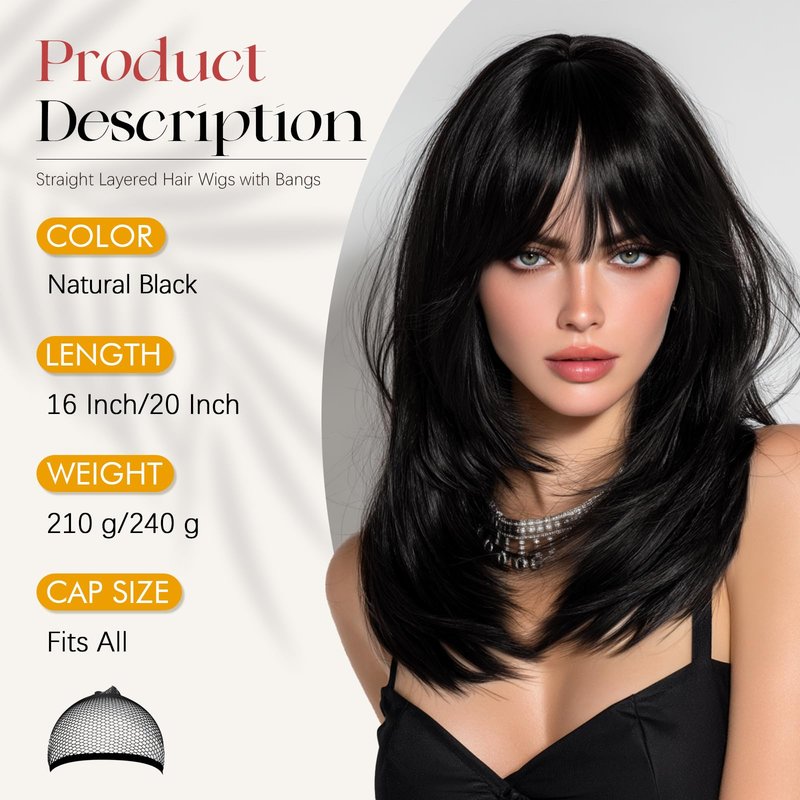 SOFEIYAN Black Wigs with Bangs 16 Inch Long Straight Layered Wig Natural Looking Soft Heat Resistant Synthetic Medium Length Hair Wigs for Women Daily Party Use
