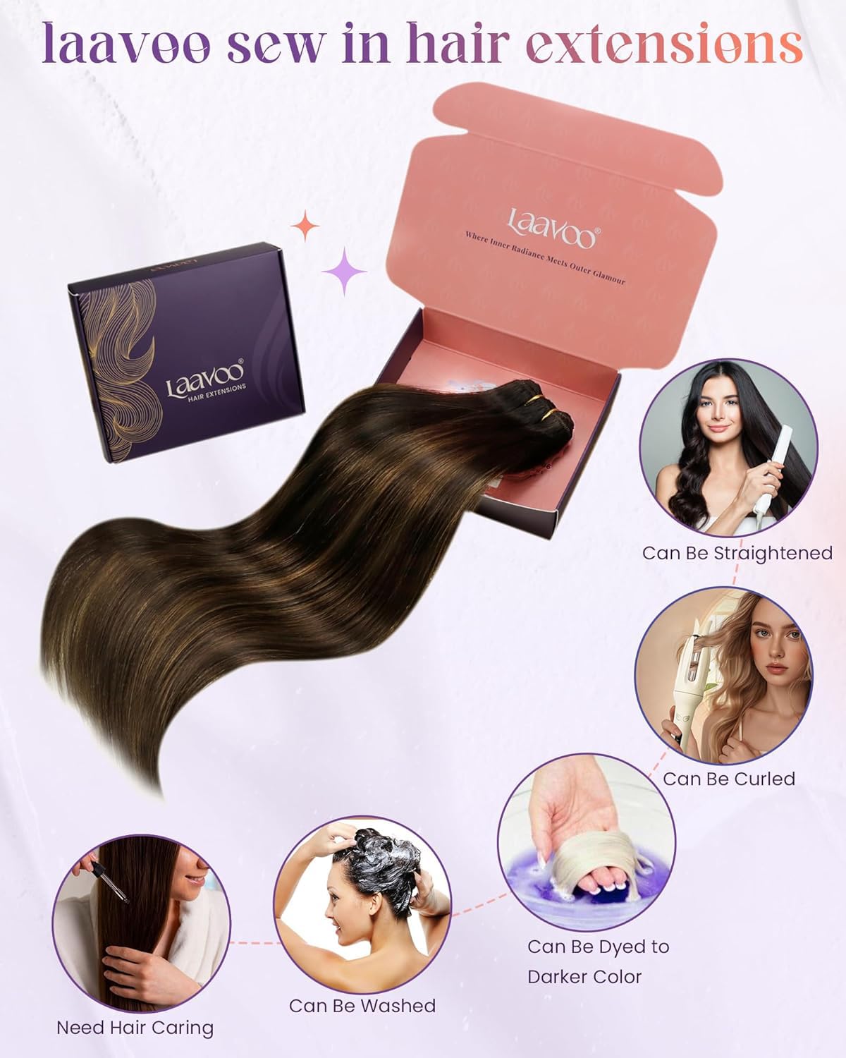 LaaVoo Weft Hair Extensions Human Hair Ombre Sew in Hair Extensions Dark Brown Mix Light Brown Hair Weft Extensions Silky Straight 12 Inch 80g