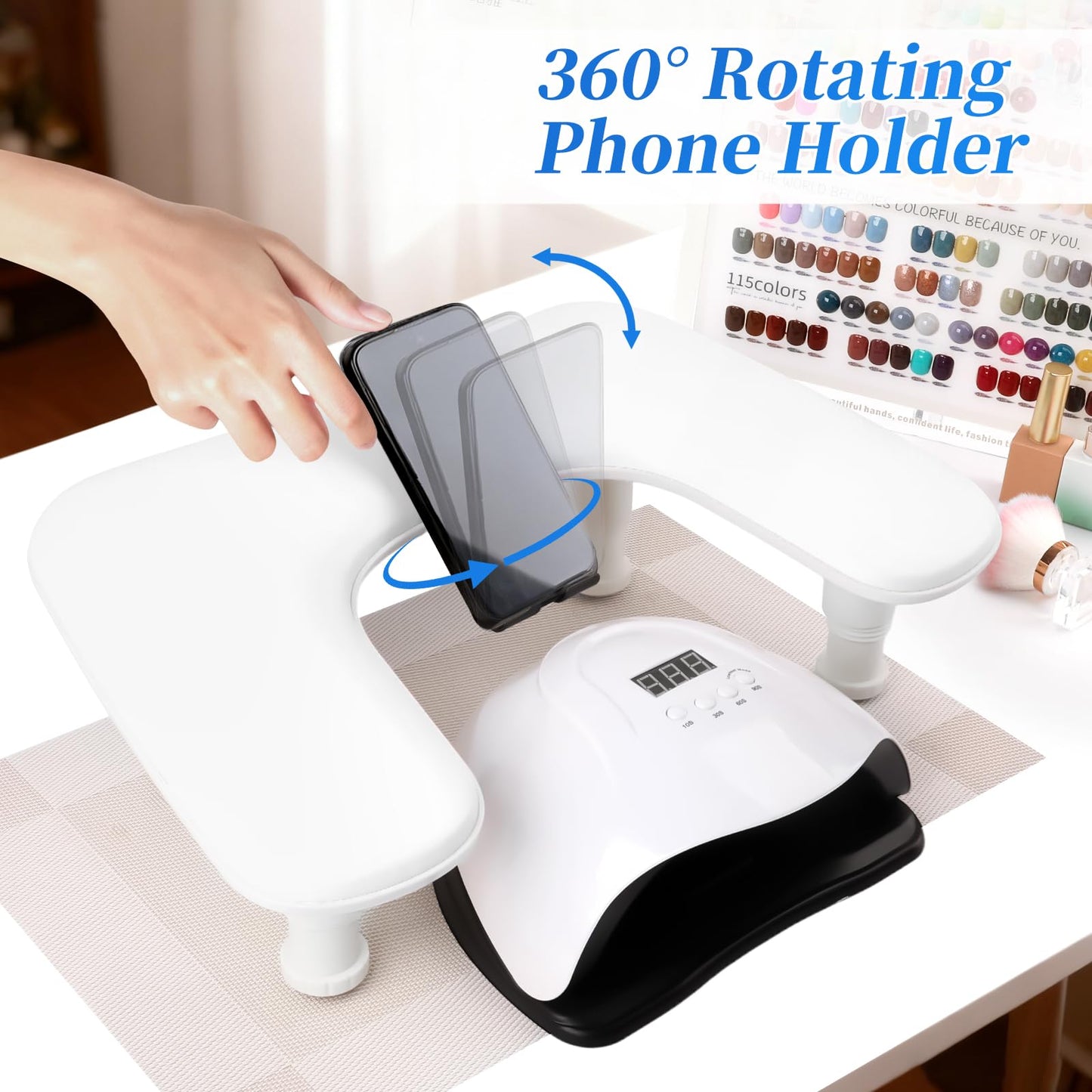 Big Adjustable Nail Arm Rest for Nails Tech with Rotating Phone Holder, U-Shaped Manicure Hand Rest, PU Leather Hand Stand with Pad for Nail Salon, Nail Tech, and DIY(White)