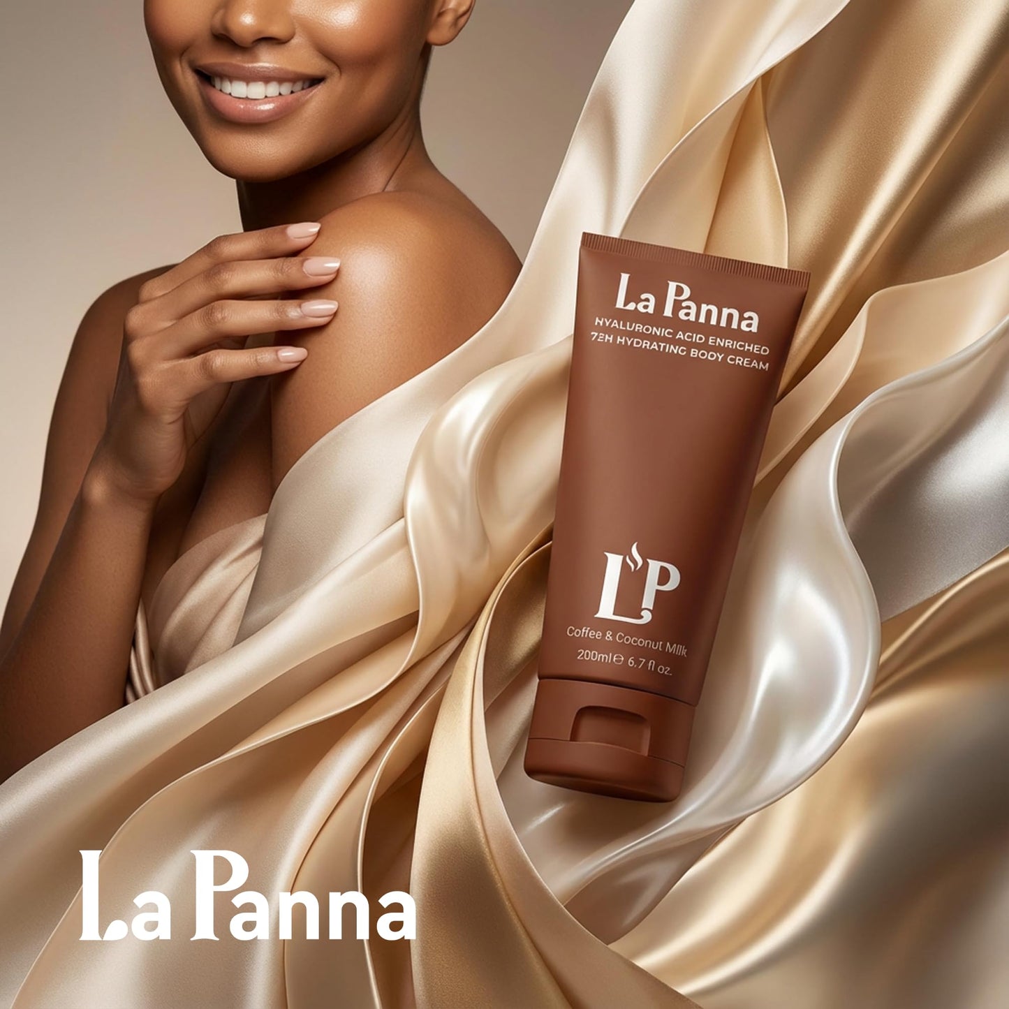 La Panna Coffee & Coconut Milk Hydrating Body Cream with Vitamin E – Rich Moisturizer, Fast Absorbing, Non-Greasy Velvet Glow Lotion - Nourishing Vegan & Cruelty-Free Skin Care, 6.7 fl oz