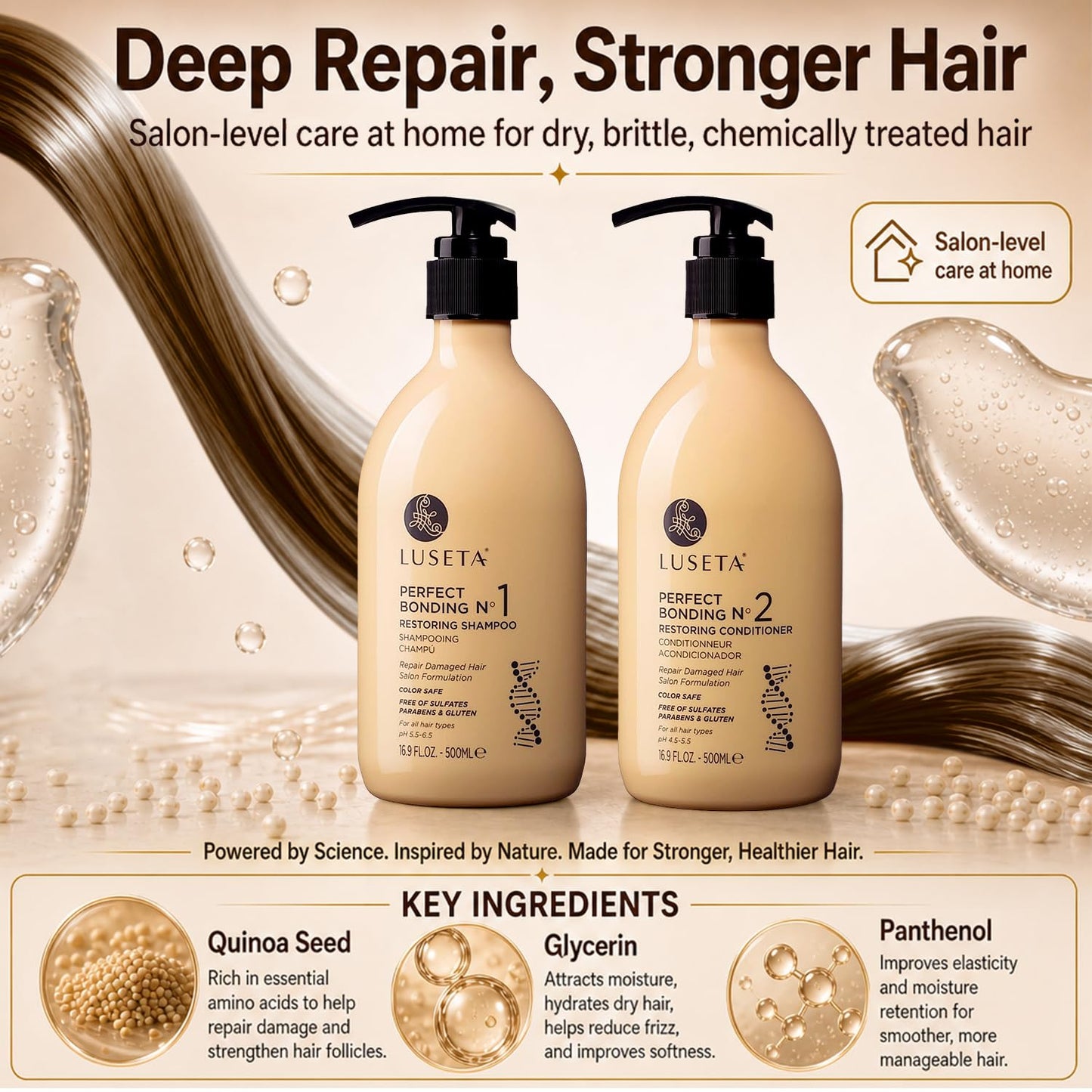 LUSETA Bond Repair & Revitalizing Shampoo and Conditioner Set for Chemically Damaged Hair. Deep Moisture to Smooth Frizz & Add Shine. Strengthens Hair Structure with Rosemary & Marula Oils, 2x16.9 oz
