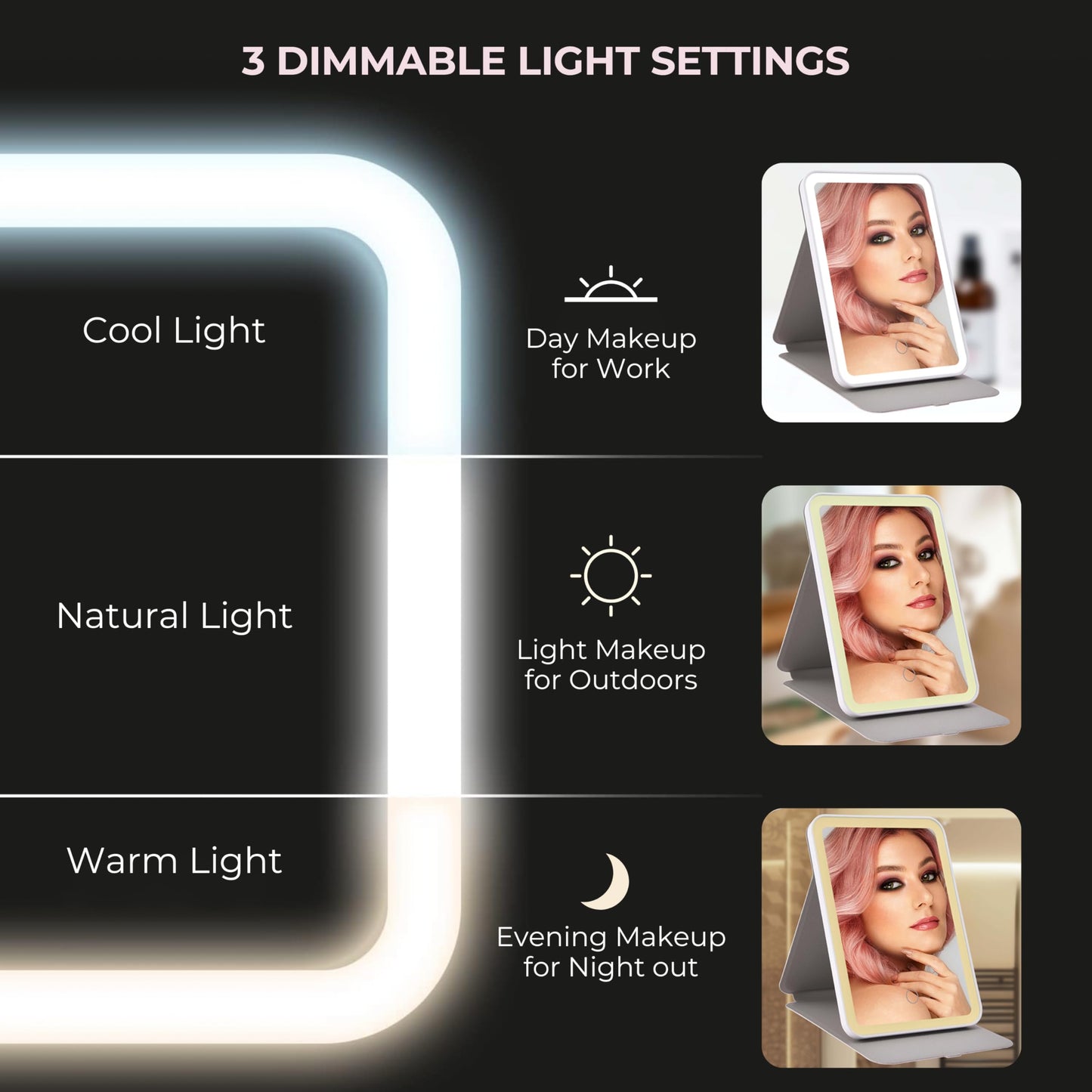 ZEVGANI Travel Lighted Makeup Mirror, 3-Color Dimmable LED Lighting, USB Rechargeable Light up Portable Tabletop Folding Vanity Cosmetic Mirror, Leather Cover Beige