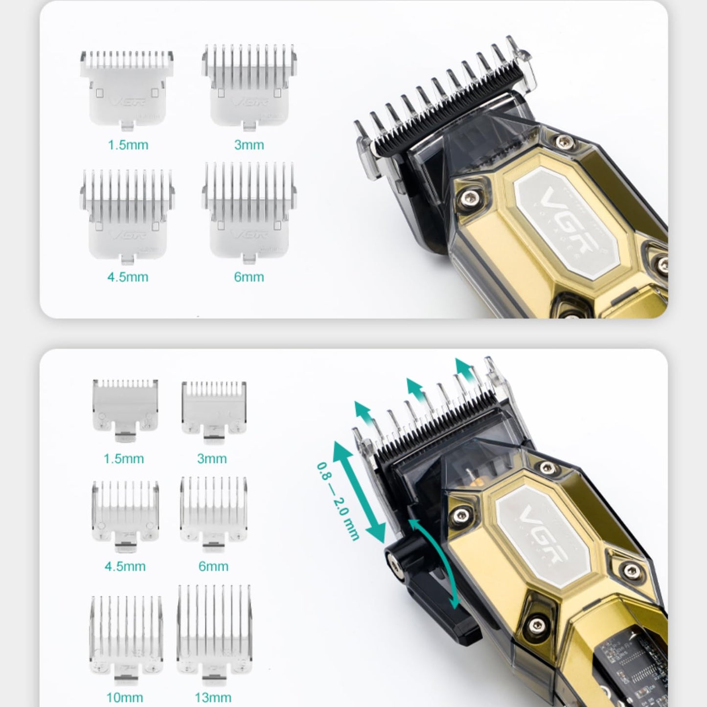 VGR Professional Hair Clippers for Men, Cordless Barber Clippers and Trimmers Set, Mens Hair Cutting Kit with 10 Guide Combs, USB Rechargeable Haircut Machine for Family, LED Display, Green