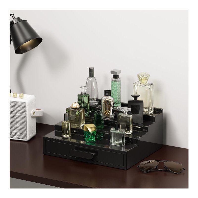 ProCase 4 Tiers Lacquered Finish Wooden Cologne Organizer for Men, Perfume Display Stand Shelf with Drawer, Men's Cologne Storage Rack, A Perfect Cologne Holder Gift for Father Dad -Black