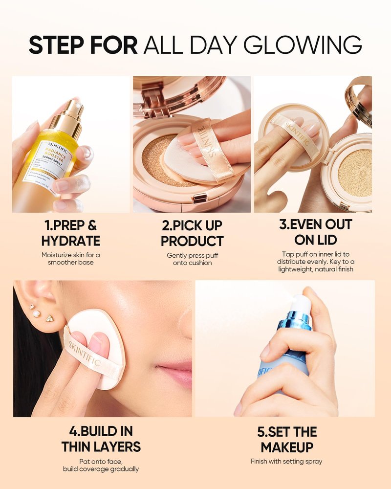 SKINTIFIC Full Coverage Cushion Foundation #22N Shell Beige| Satin Glow Finish, Oil-Control & Waterproof, Buildable Tattoo Cover Cushion for All Skin Types