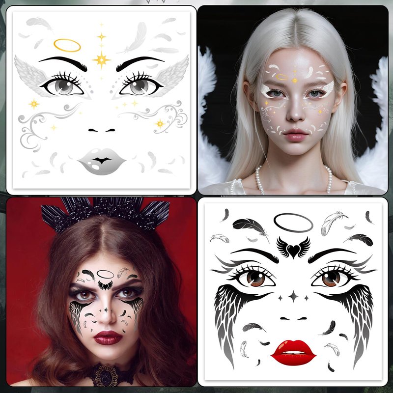 HOWAF 4 Sheets Halloween Angel Face Tattoos Angel Wing Full Face Temporary Tattoos for Hallows' Eve Angels Costumes Accessories, Black and White Fallen Angels Tattoo Stickers